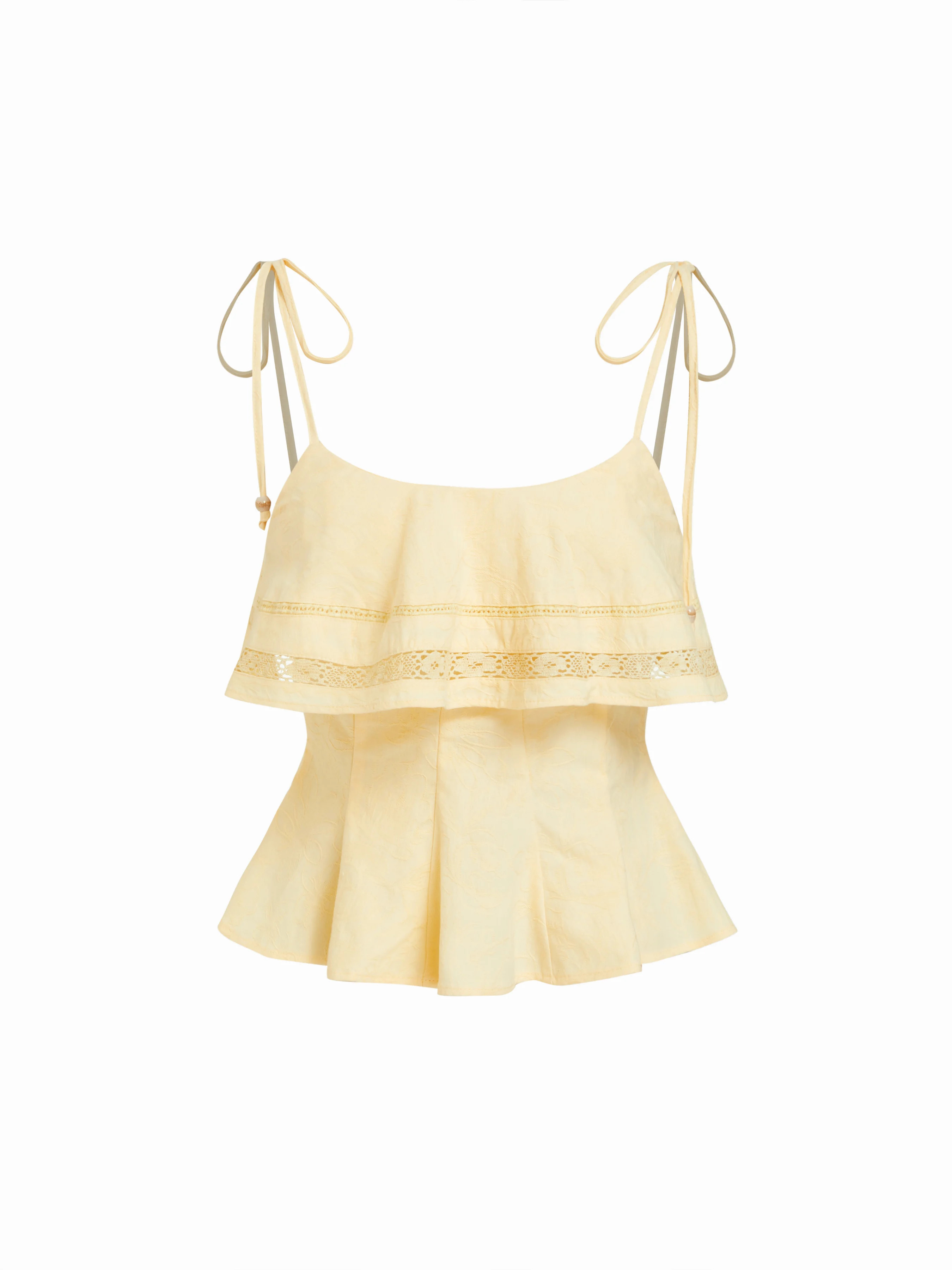 Cotton Jacquard Broderie Anglaise Scoop Neck Knotted Ruffle Peplum Cami Blouse | Cider