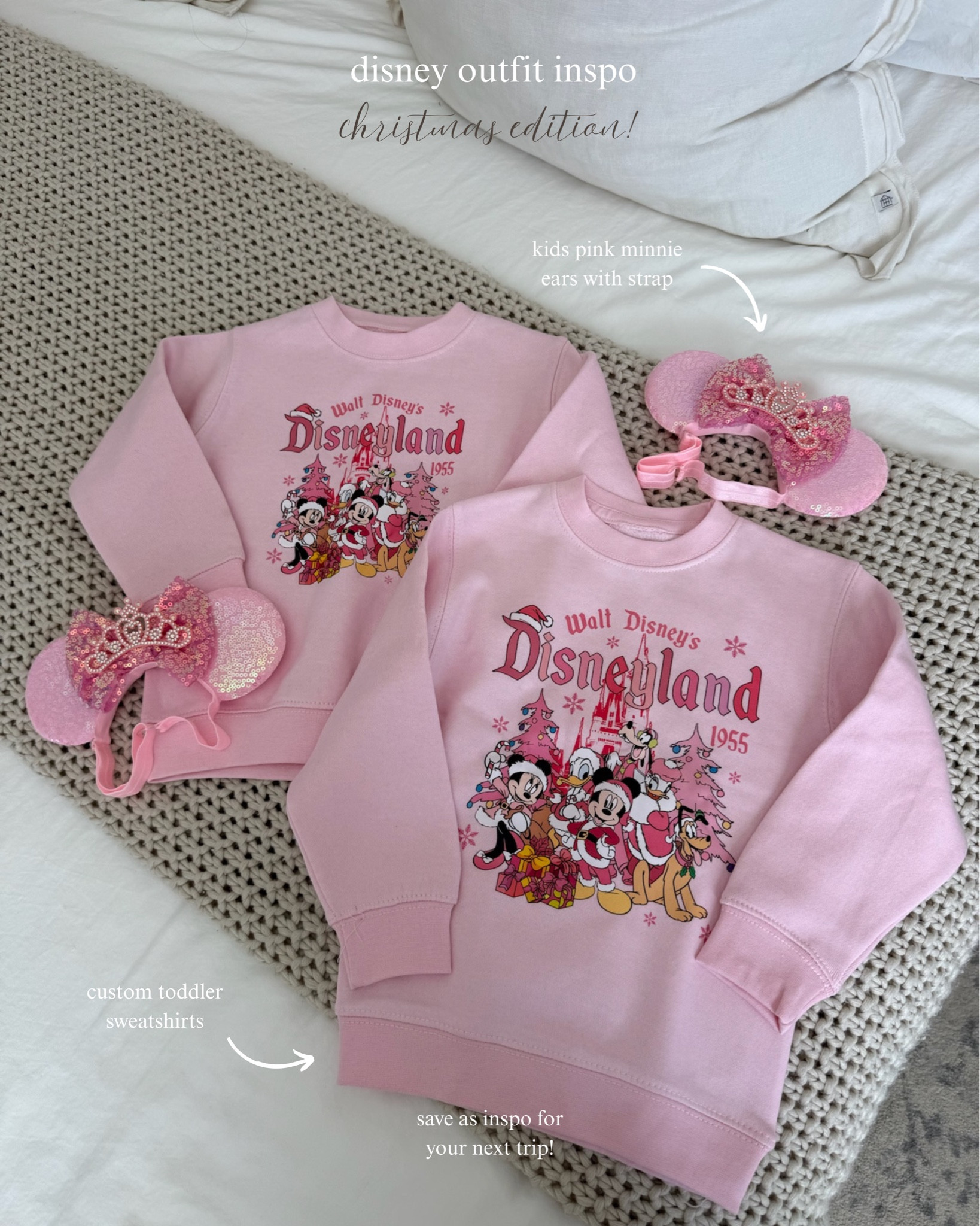 Disney inspo! 💫 These sweatshirts for the girls (pictured first) are size Toddler 2T and Toddler 3T and color is pink! His and hers sweatshirts (pictured third) are size M and size L and color is Ash!

#LTKmomlife #LTKTravel #LTKHoliday