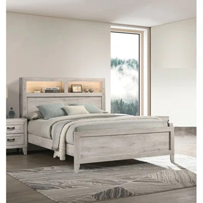 Queen Size Bed with Headboard Shelves & LED Lighting - White Wash Contemporary Style | Wayfair North America