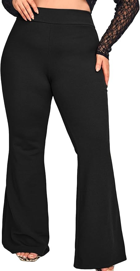 WDIRARA Women's Plus Size Elastic High Waist Flare Bell Bottom Ribbed Knit Long Pants | Amazon (US)