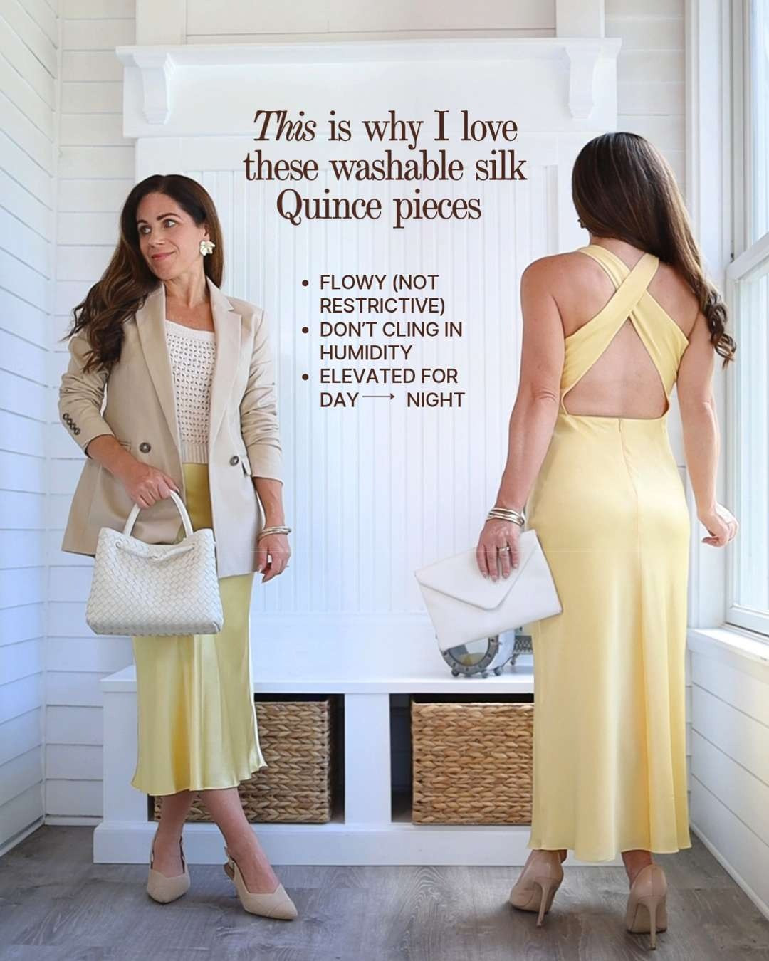 Silk IS a great fabric for summer - and no, it won't stick to you. You just need to choose the right silk pieces. Look for flowy fits and lighterweight silks, like this high neck midi dress from @quince or its best-selling silk midi skirt. Linking all my favorite petite-friendly picks from the brand. For sizing reference, I'm wearing an XS in the dress and midi skirt. The colorway is butter yellow. wedding guest dress summer | summer wedding guest dress | elegant wedding guest dress | silk midi dress | silk midi skirt | washable silk skirt | Quince silk

#LTKOver40 #LTKPetite #LTKWedding 

 #LTKPetite #LTKWorkwear #LTKWedding