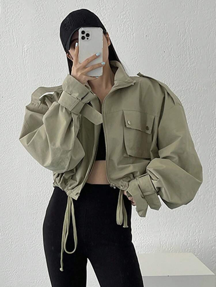 DAZY Flap Pocket Drop Shoulder Drawstring Hem Jacket,Fall Clothes | SHEIN