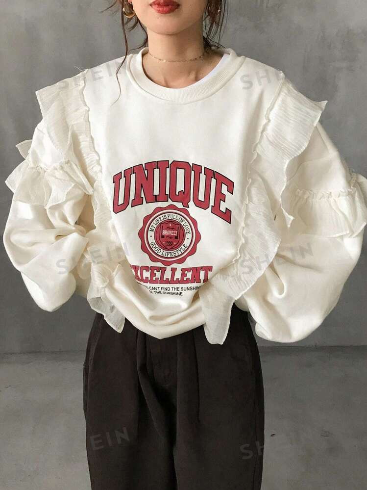 FRIFUL Women's Letter Print Patchwork Ruffle Trim Round Neck Loose Casual Sweatshirt, Spring/Autu... | SHEIN