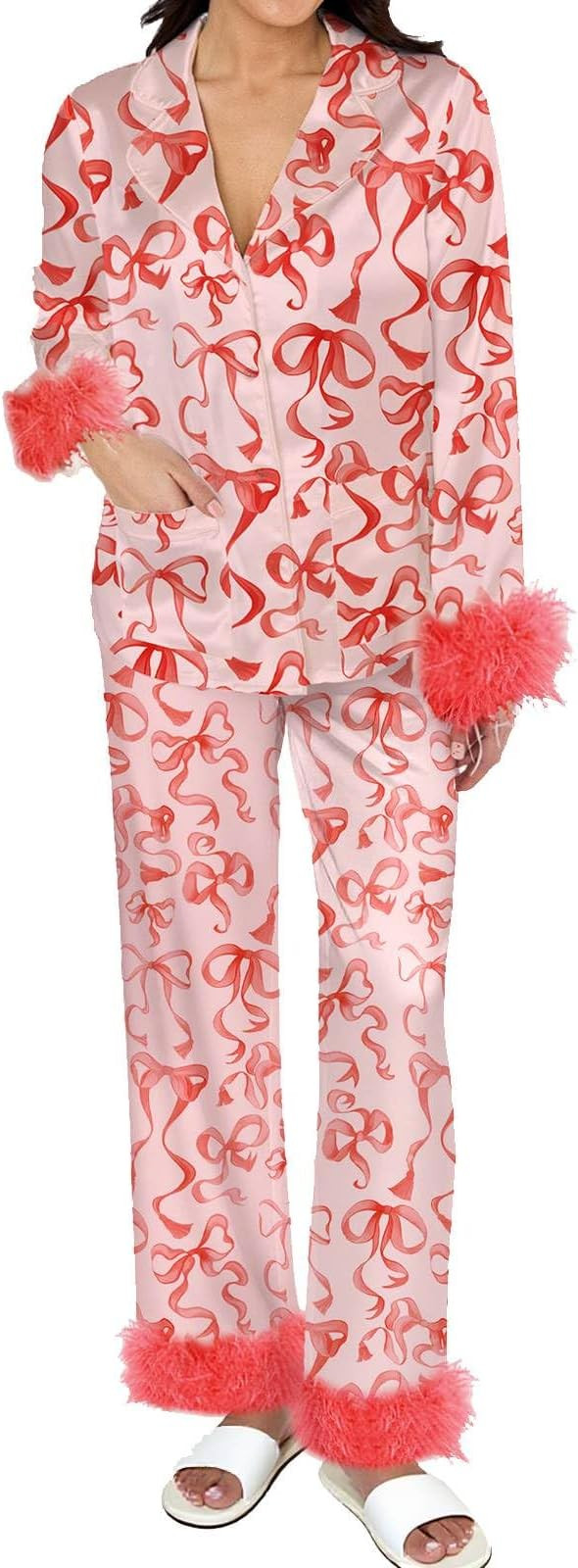 Women's Feather Pajamas with Pockets, Long Sleeve Button Up Shirt and Pants 2 Piece Pj Set Trendy... | Amazon (US)