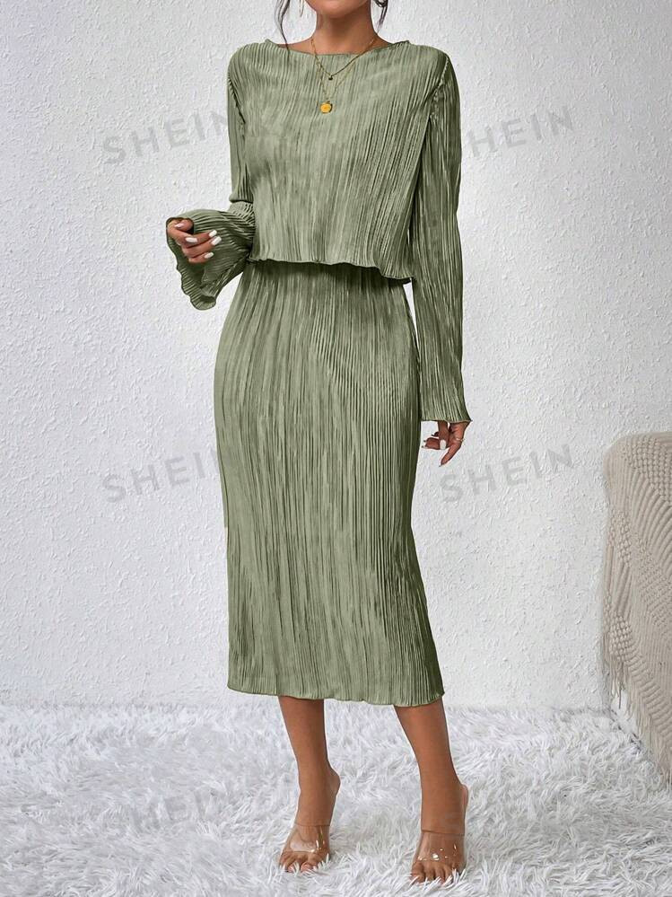 SHEIN Raffinéa Flare Sleeve Pleated Top And Skirt Set | SHEIN