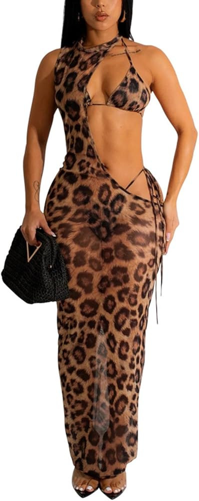 Women's Sexy Swimsuit 3 Piece Thong Bikini Set Triangle Halter Bathing Suit Sheer Mesh Beach Cove... | Amazon (US)