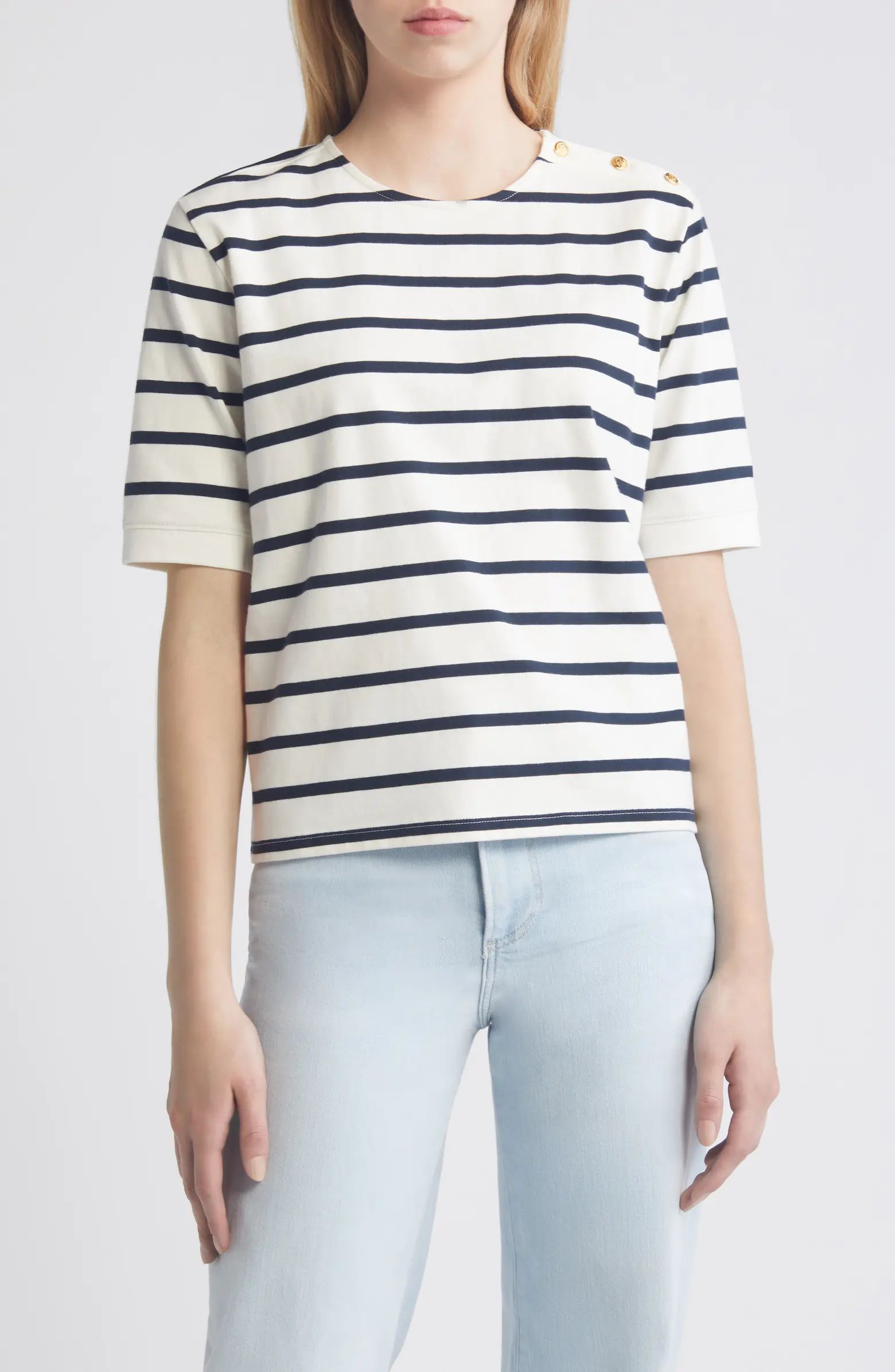 FRAME Stripe Organic Cotton Button Accent T-Shirt | Nordstrom | Nordstrom