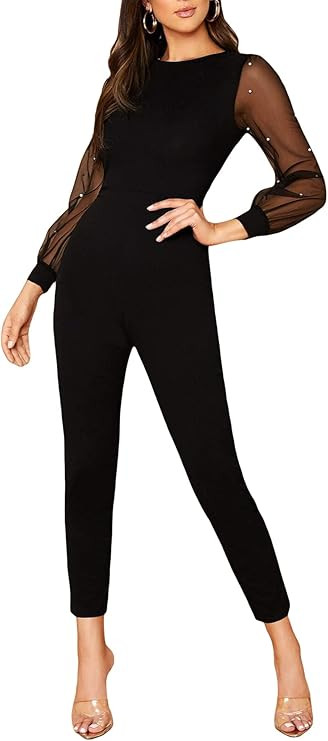 WDIRARA Women's Pearls Round Neck Sheer Mesh Long Sleeve Zipper Back Jumpsuit Pants | Amazon (US)