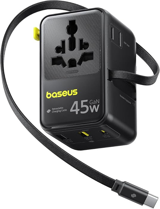 Baseus 45W European Travel Plug Adapter, 6-in-1 Universal Power Adapter with USB-C Retractable Ca... | Amazon (US)