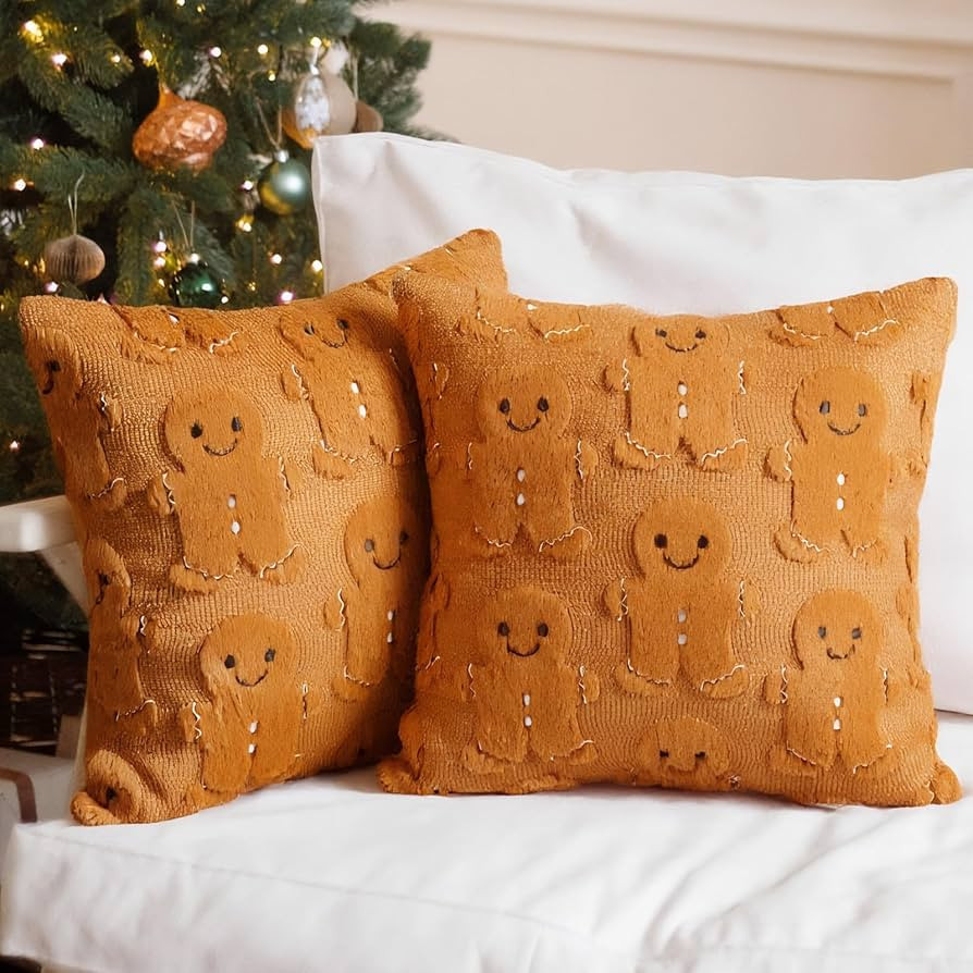 Tudomro Set of 2 Christmas Gingerbread Man Pillow Covers 18x18 Inch Soft Plush Faux Fur Jacquard ... | Amazon (US)