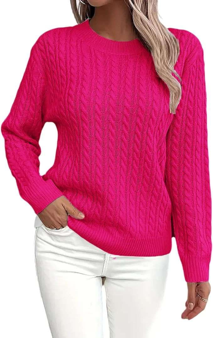 Womens Cable Knitted Sweaters Fall Winter 2025 Trendy Sweater Cozy Long Sleeve Crewneck Soft Pull... | Amazon (US)