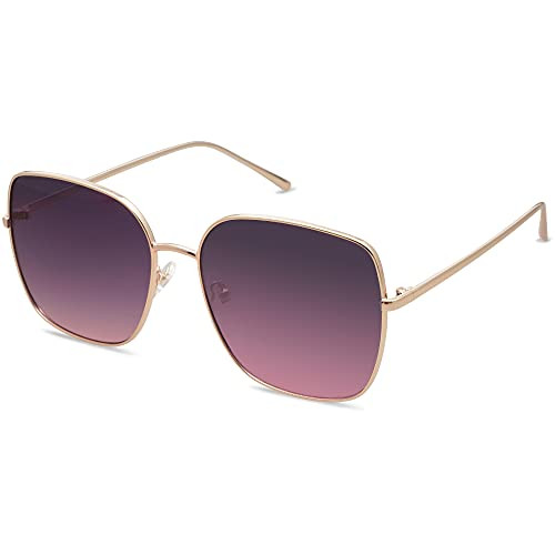 SOJOS Trendy Oversized Square Metal Frame Sunglasses for Women Men Flat Mirrored Lens UV Protection Sunglasses SJ1146 with Bright Gold Frame/Top Grey Bottom Purple Lens | Amazon (US)