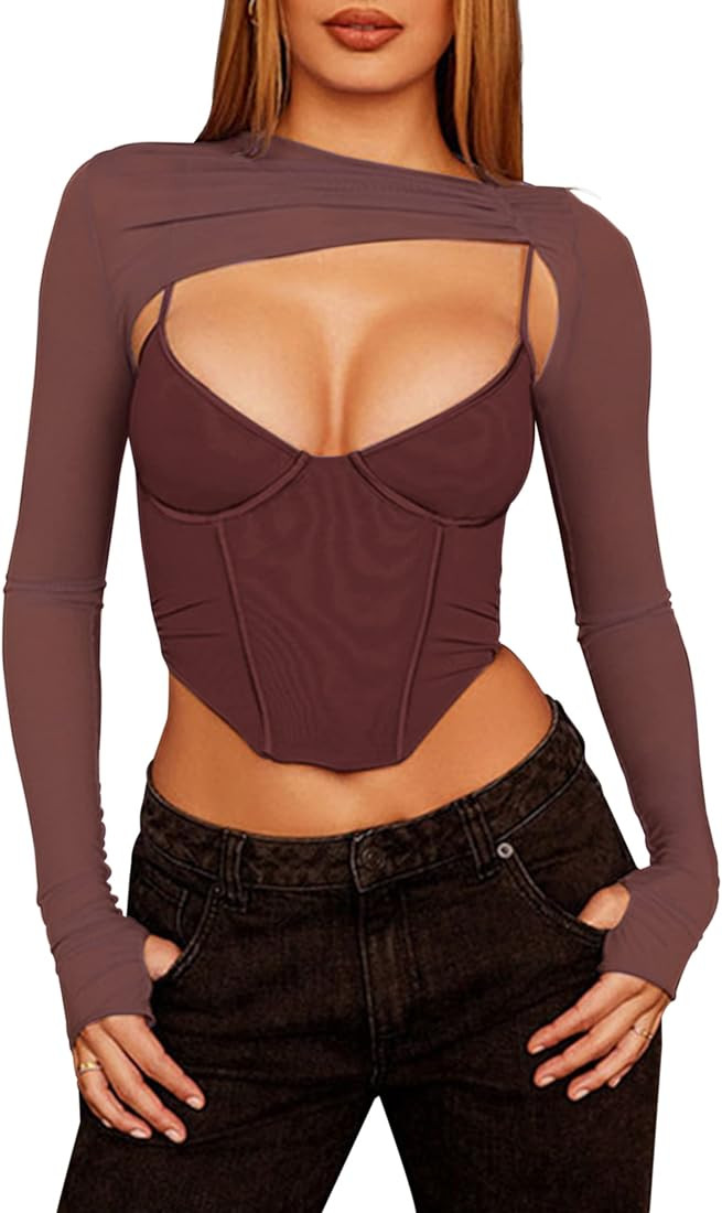 Meladyan Women Sexy Long Sleeve Mesh Crop Top Solid Cover Up Spaghetti Strap Slim Fit Corset Cami... | Amazon (US)