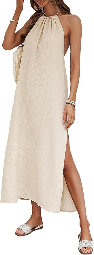 COZYEASE Women's Summer Dress Halter Sleeveless High Split Casual Backless Dress Long Beach Dress... | Amazon (US)