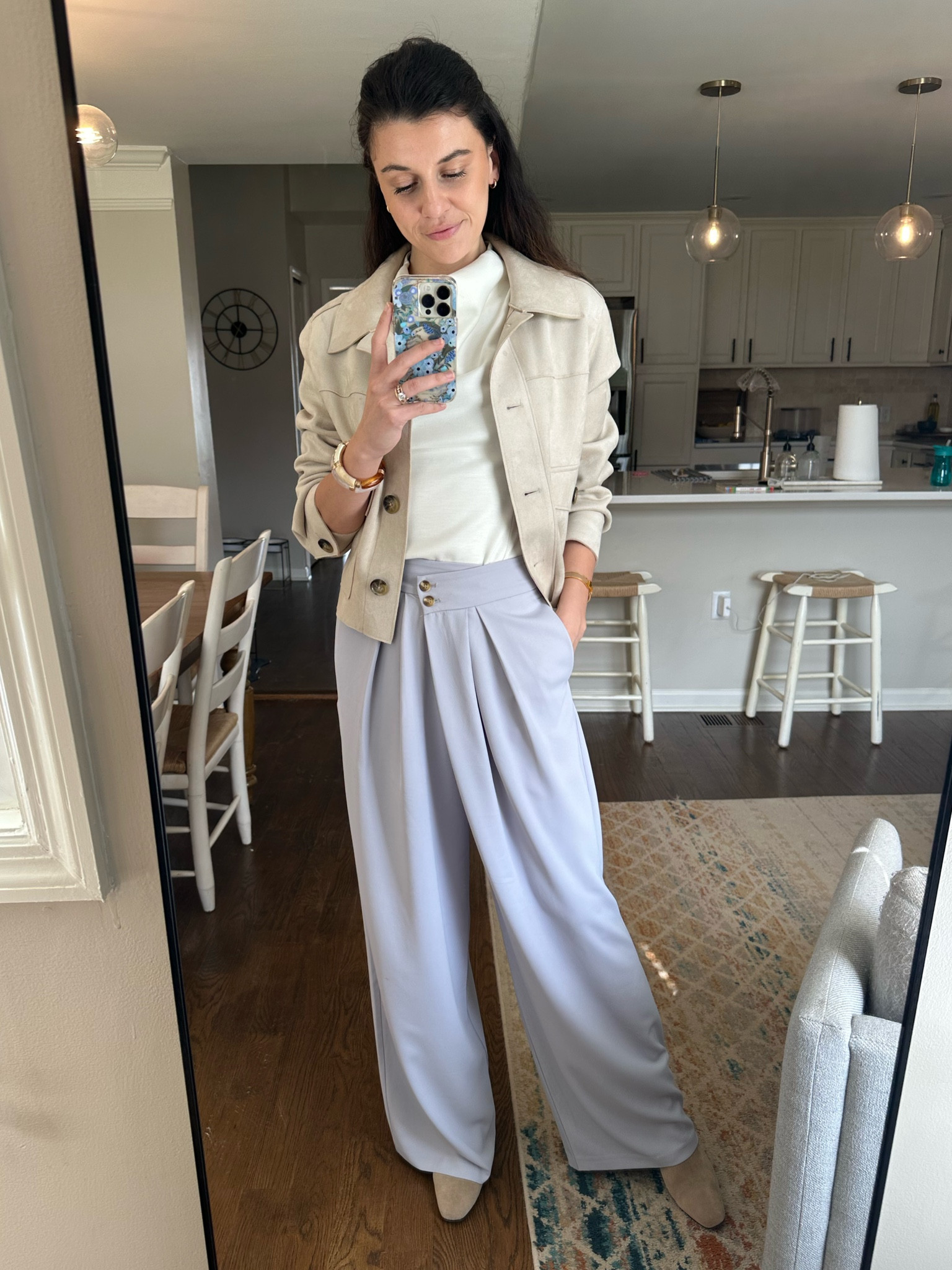Styling a wide leg trouser for spring: tucked in white high neck top & light jacket, square toe sandals or bootie depending on weather. Jacket/top/boots on sale! 

#LTKFind #LTKsalealert #LTKstyletip
