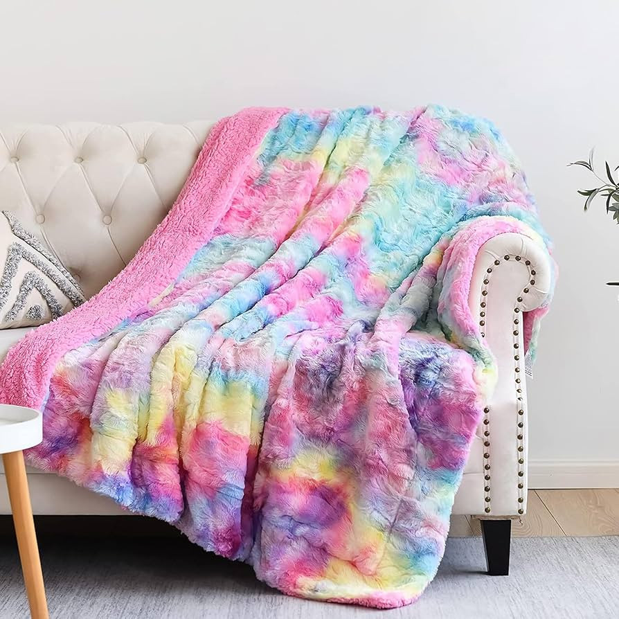 NEWCOSPLAY Super Soft Faux Fur Throw Blanket for Couch Dark Rainbow Sherpa Fuzzy Plush Warm Blank... | Amazon (US)