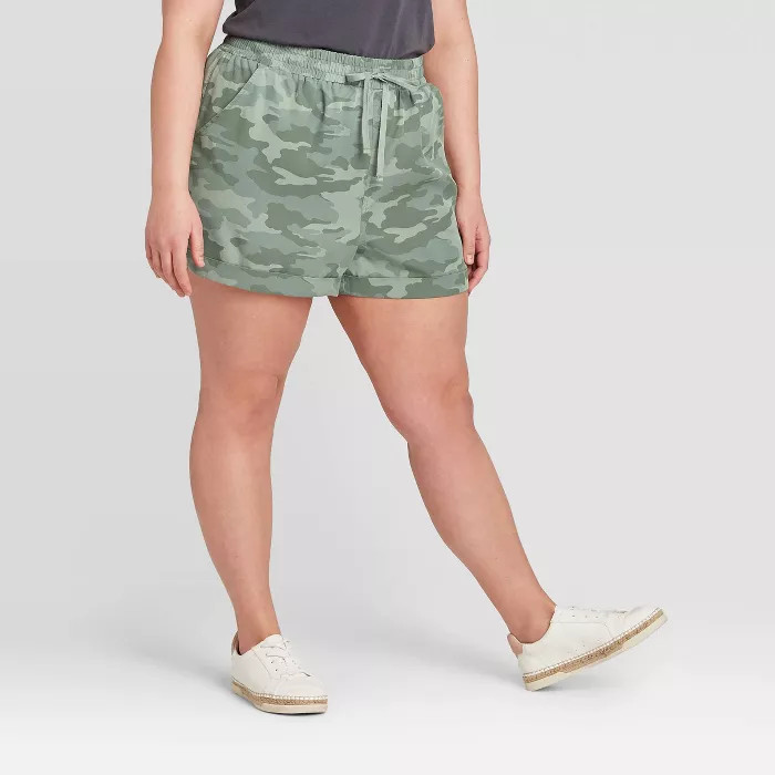 Women's Plus Size Mid-Rise Camo Print Tie-Front Utility Shorts - Universal Thread™ - Green | Target