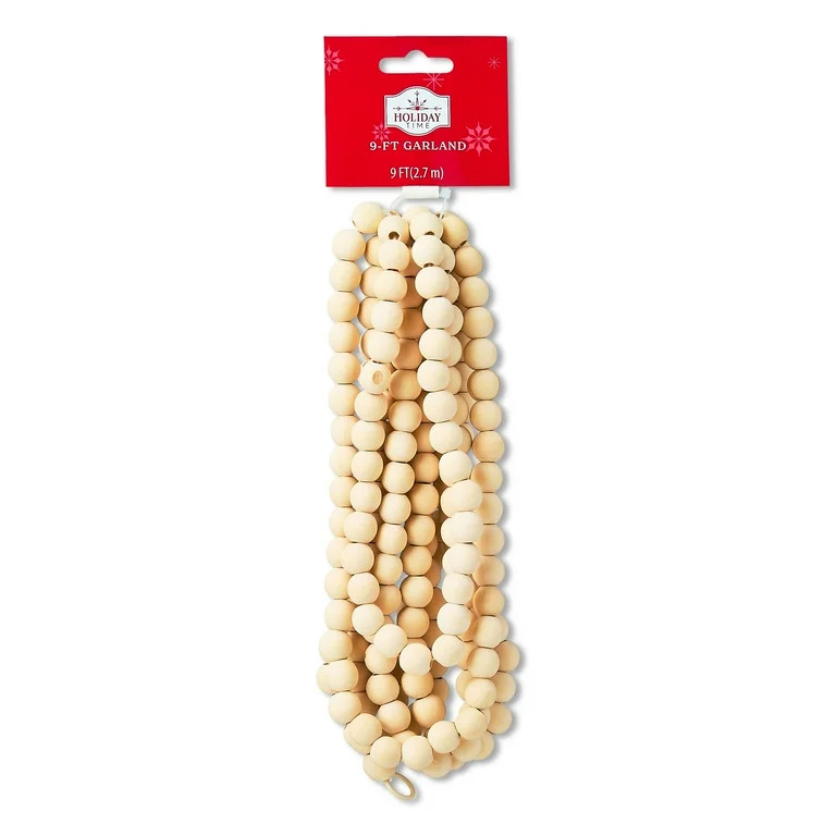 Natural Round Wood Bead Christmas Garland, Beige, 9', by Holiday Time | Walmart (US)