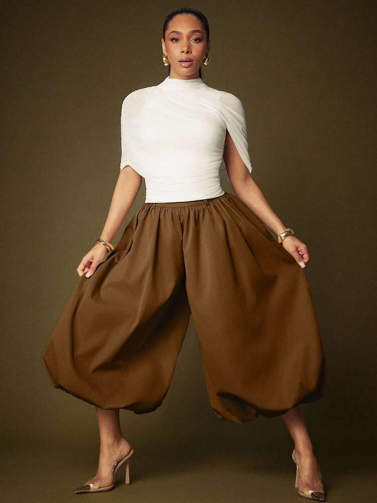 Vixey Burgundy Woven High Waist Balloon Shape Pants, Bold Comfy Oversized Wide Leg | SHEIN