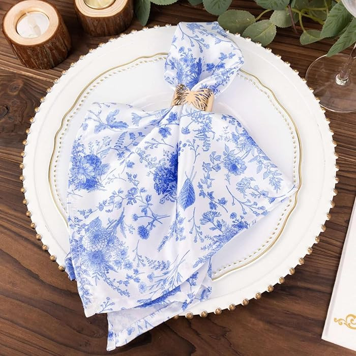 Efavormart 5 Pack White Blue Chinoiserie Floral Print Satin Cloth Dinner Napkins, Wrinkle Resista... | Amazon (US)