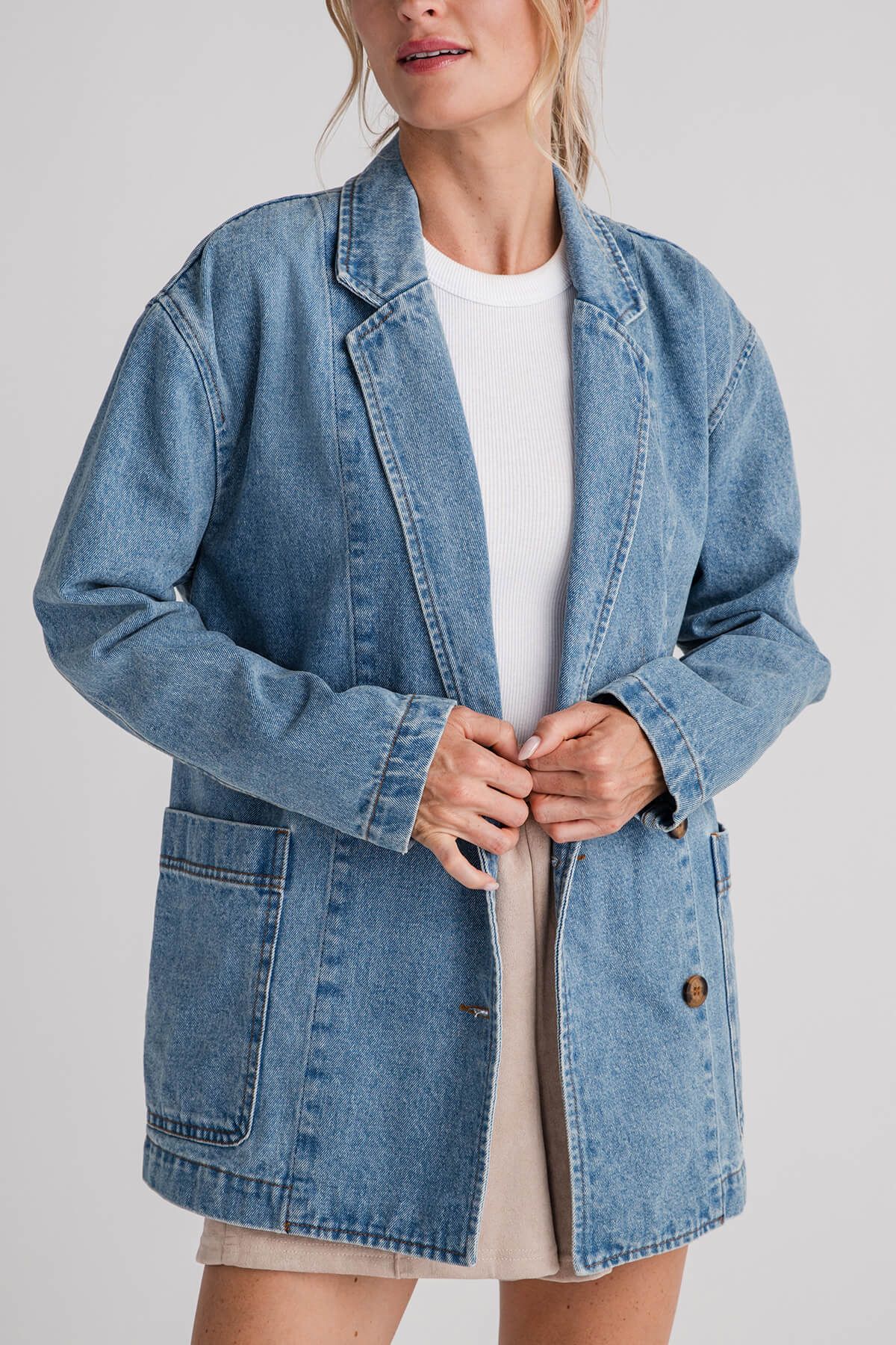 Miou Muse Denim Oversize Blazer | Social Threads