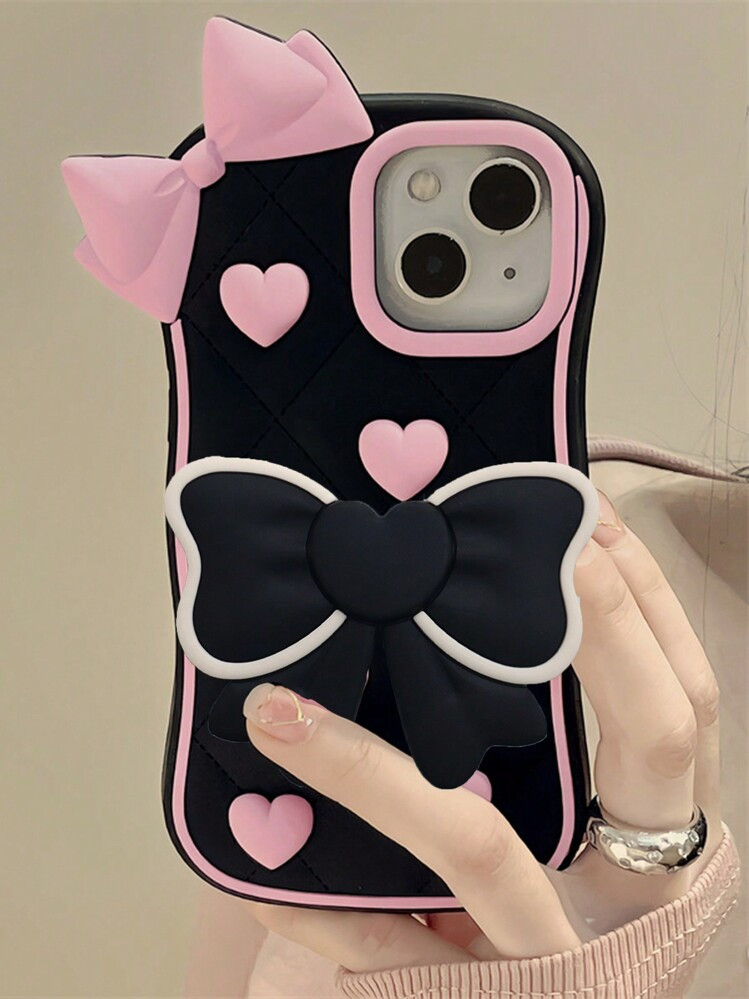 Cute Pink Heart Lens Cartoon Phone Case With Bowknot Girl Desk Stand, Compatible With 12, 13, 14, 15 Pro Waterproof Shockproof Anti-Fall Scratch Resistant | SHEIN
