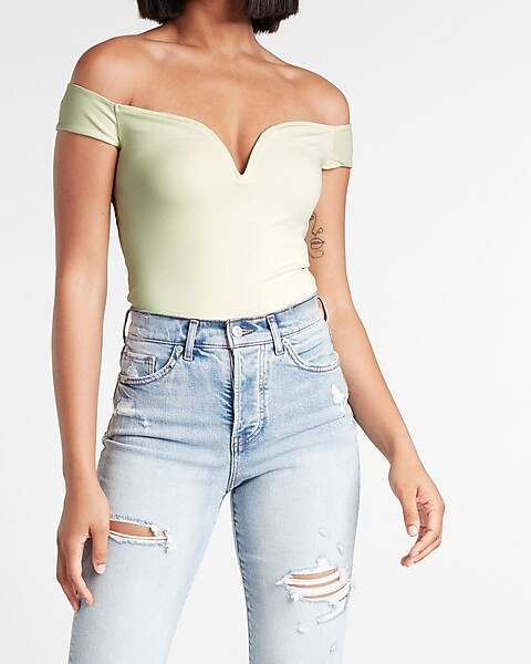 Body Contour Ribbed V-Wire Off The Shoulder Thong Bodysuit | Express