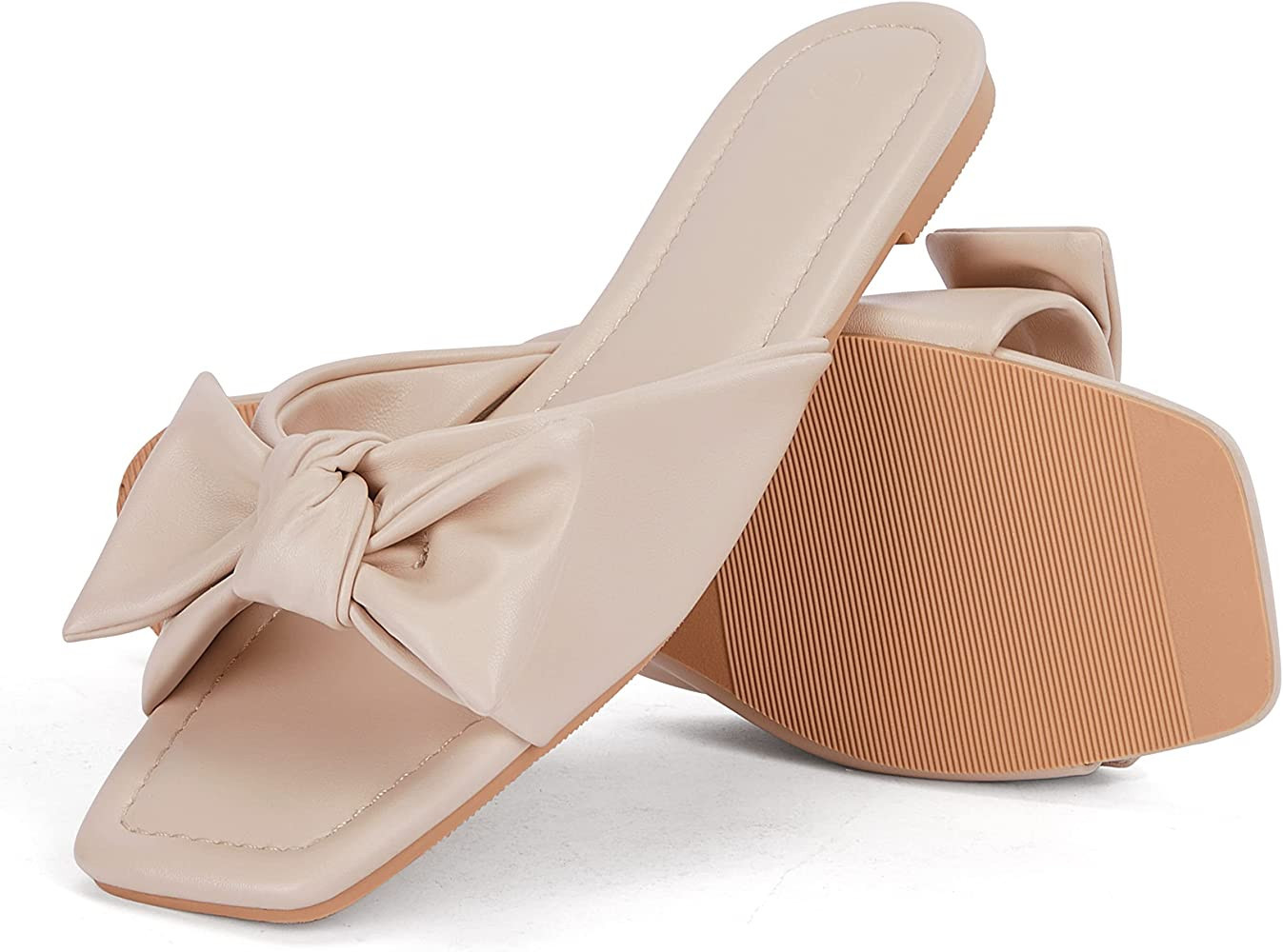 Coutgo Womens Bow Tie Square Open Toe Flat Sandals Summer Slide Shoes | Amazon (US)