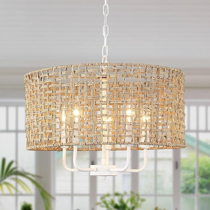 Rattan Chandelier 5-Light Farmhouse Boho Pendant Light Fixture for Dining Room Brown and White Wo... | Amazon (US)