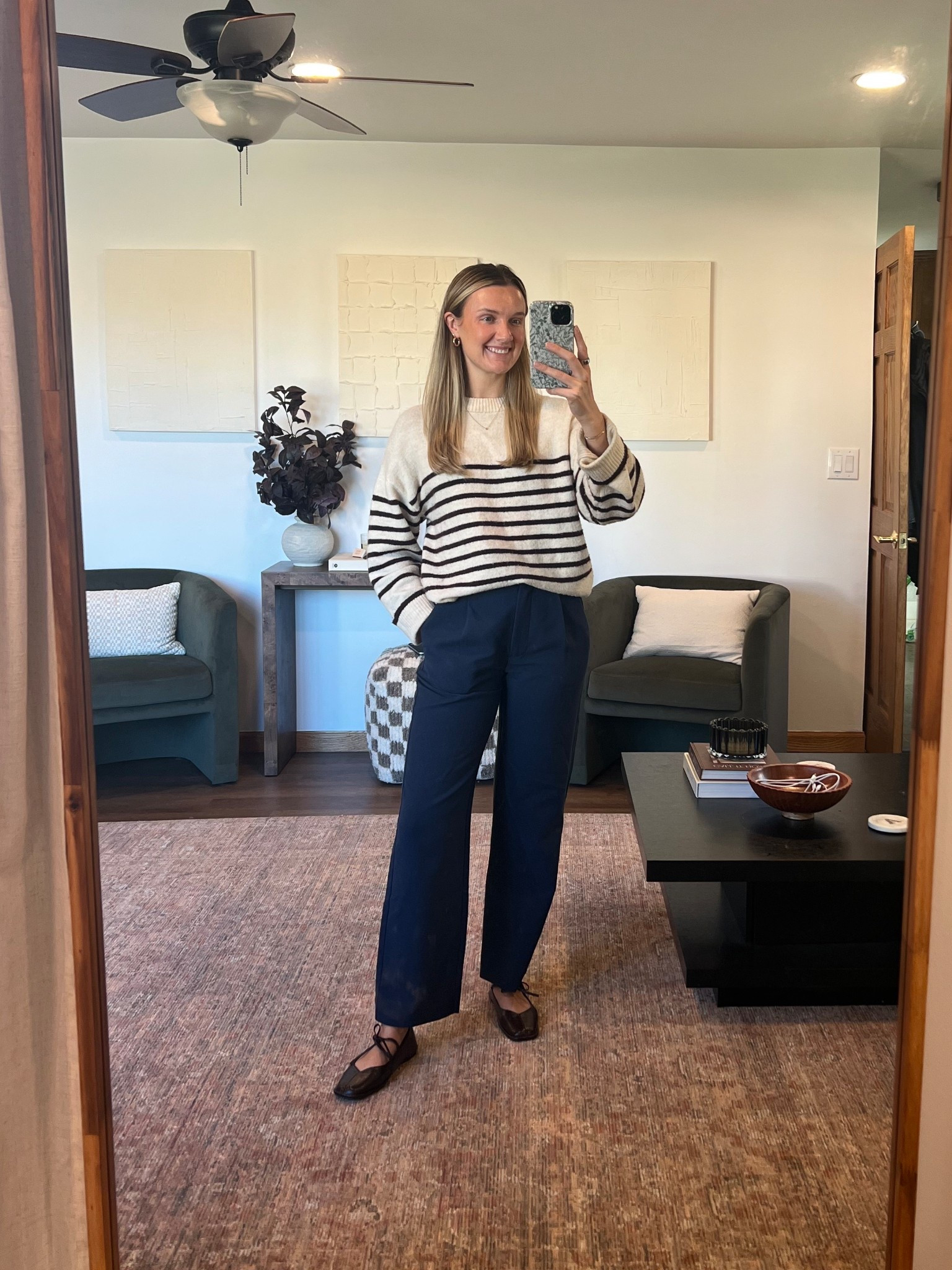 The cutest Amazon flats! Love a pop of chocolate brown. Trousers are old Abercrombie, but linked the absolute best gap ones!! 

Casual outfit, work outfit, amazon find, Abercrombie trousers, striped sweater

#LTKWorkwear #LTKSaleAlert #LTKShoeCrush