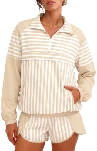 Fisoew Striped 2 Piece Sets for Women Tennis Athletic Short Set Fall Outfit | Athleisure, Oversiz... | Amazon (US)