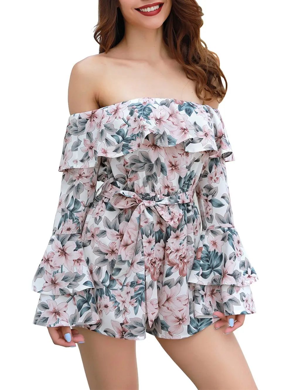 Womens  Floral Off Shoulder 3/4 Sleeves Romper Jumpsuit | Rosegal US