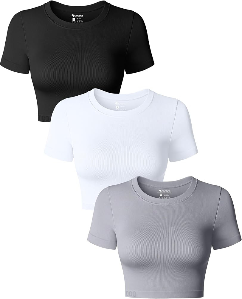 OQQ Women's 3 Piece Crop Tops Crew Neck Shorts Sleeve Stretch Fitted Shirts Crop Tops | Amazon (US)