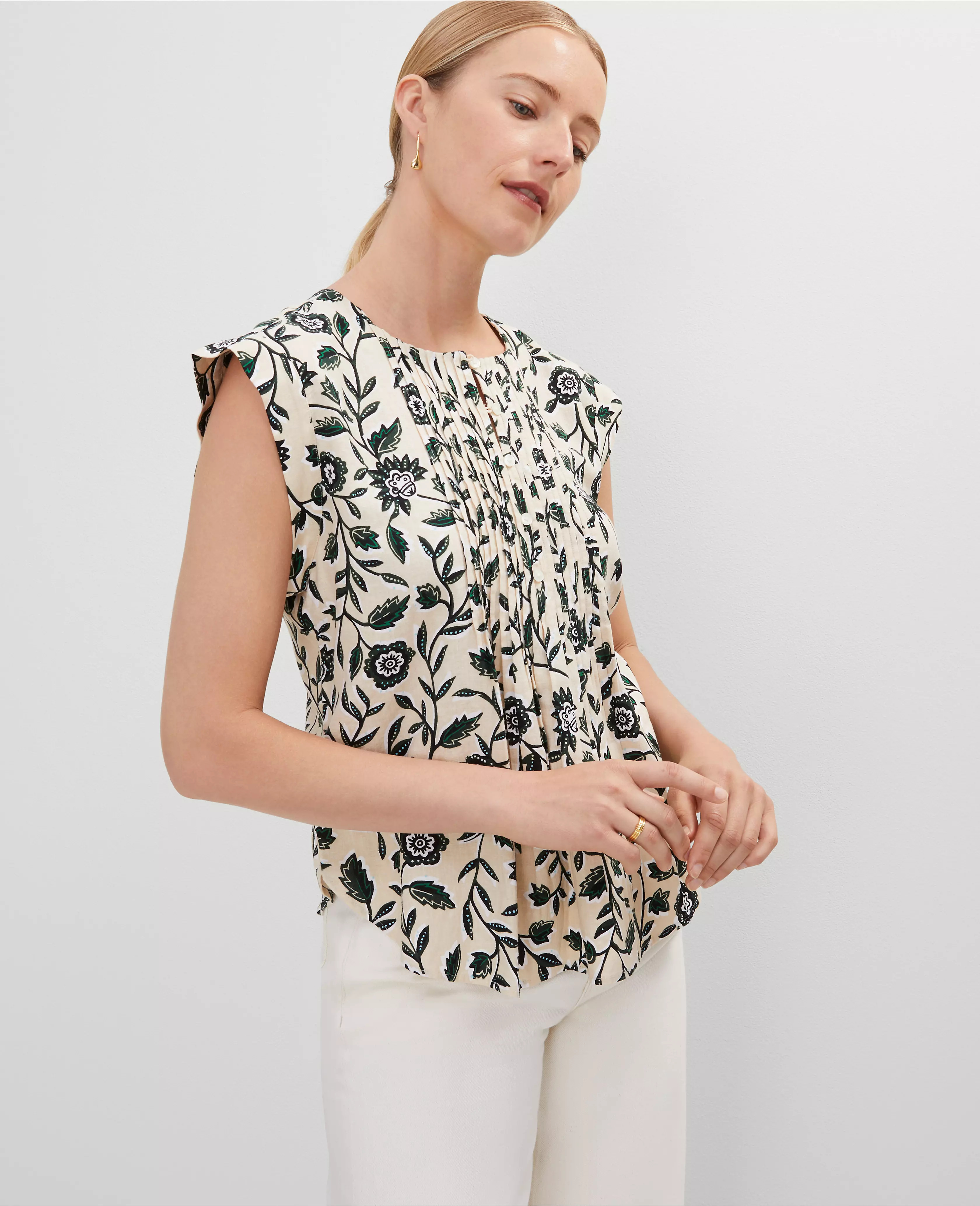 Linen Blend Floral Pintucked Top | Ann Taylor