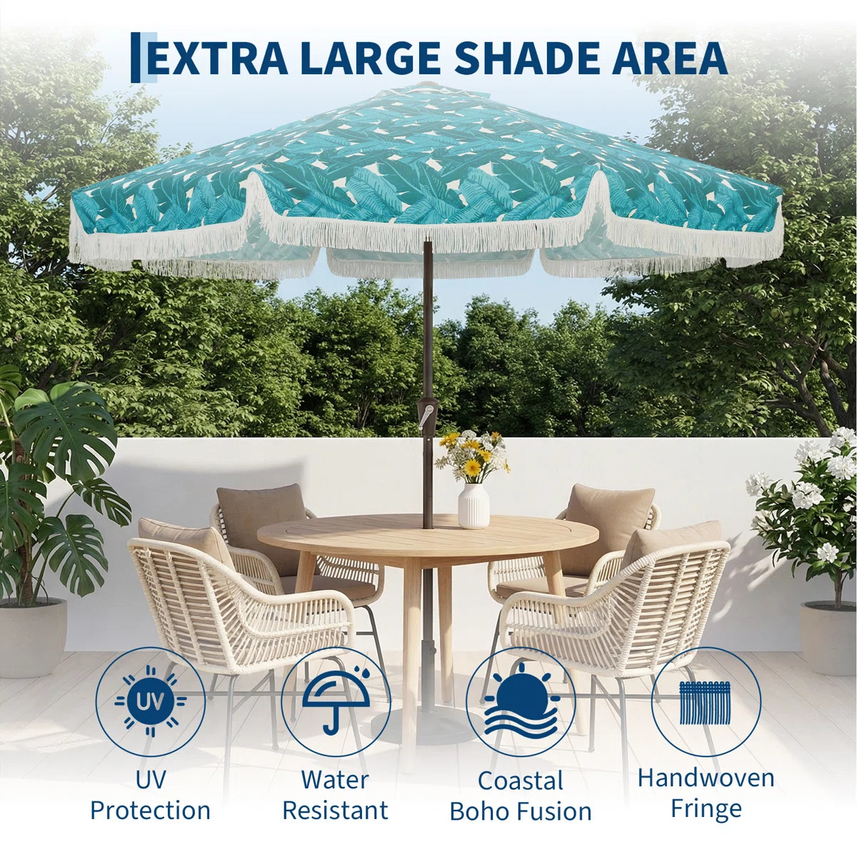 9FT Fringe Patio Umbrella with Crank Lift and Push Button Tilt, 8 Fiberglass Ribs, 1.5 Inch Steel... | Wayfair North America