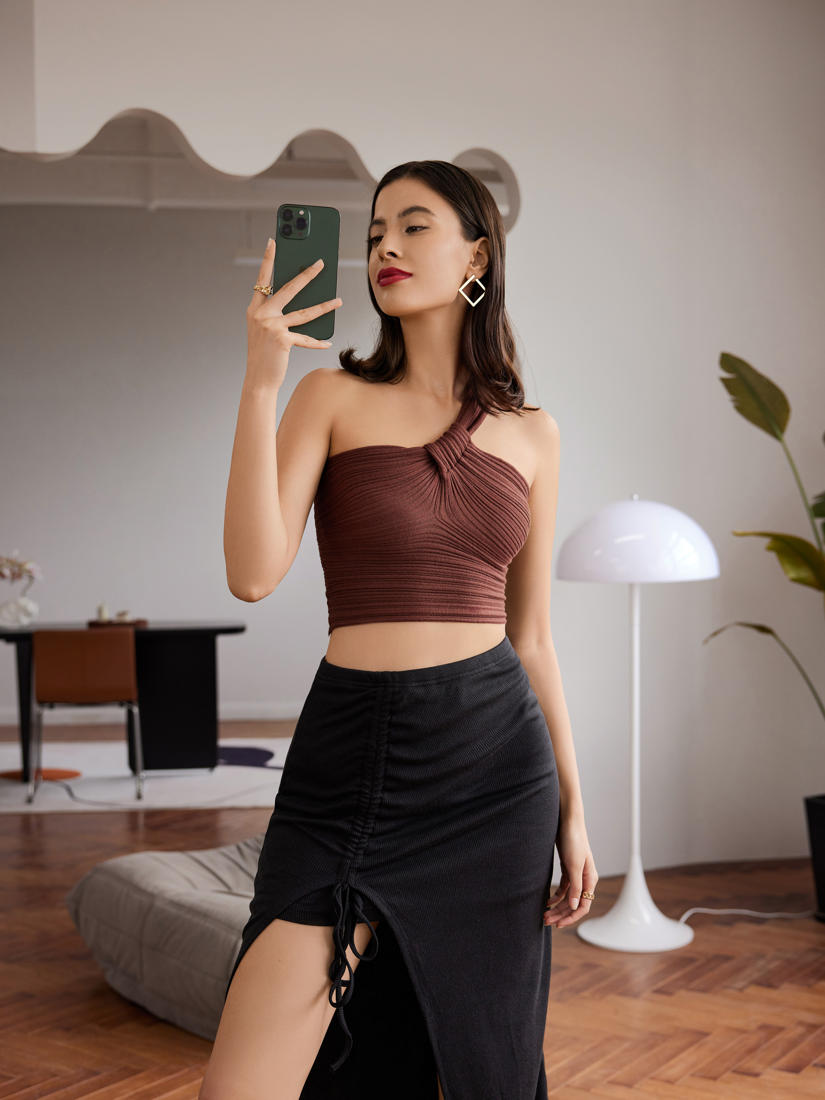 Knit Fabric Espresso Martini One Shoulder Crop Top For Daily Casual Party/Clubbing | Cider