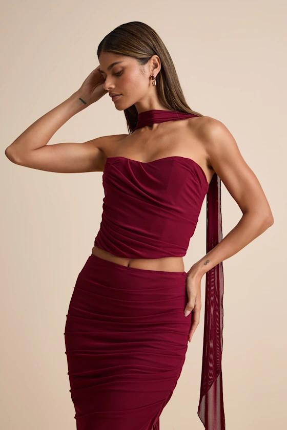 Elvena Wine Red Mesh Ruched Strapless Two-Piece Maxi Dress | Lulus