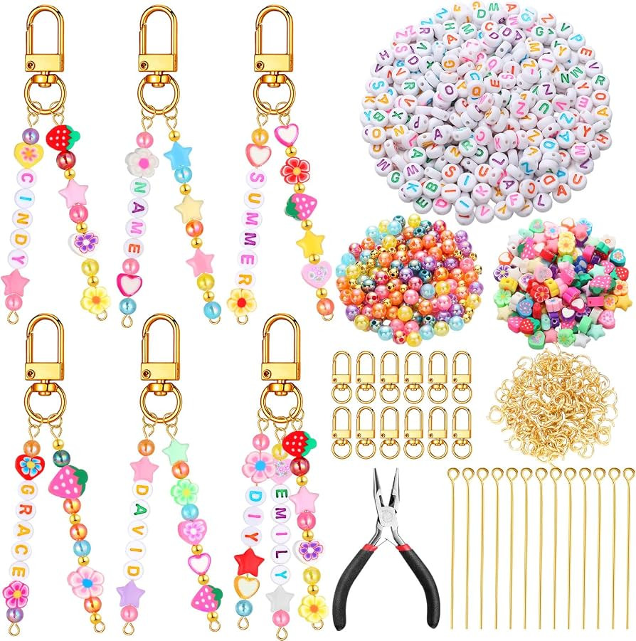 Cunno 713 Pcs DIY Summer Keychain Making Kit Strawberry Key Chain Making Craft Heart Mama Tropica... | Amazon (US)