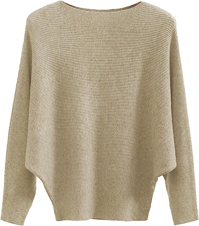 Boat Neck Batwing Sleeves Dolman Knitted Sweaters and Pullovers Tops for Women | Amazon (US)