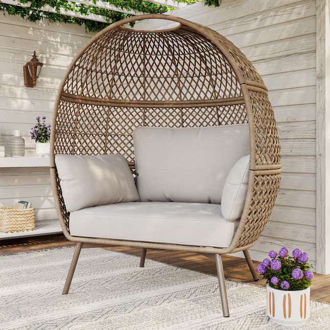 allen + roth Emerald Cove Wicker Brown Steel Frame Stationary Egg Chair with Tan Cushioned Seat | Lowe's