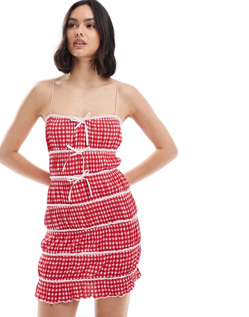 ASOS DESIGN cami strap mini dress with ruching in red gingham print-Multi | ASOS (Global)