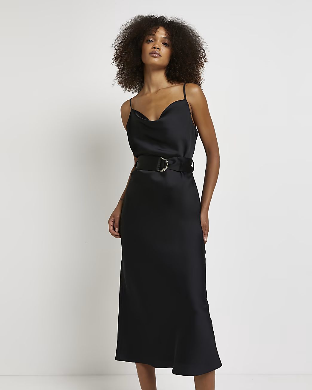 Black satin cowl neck midi dress | River Island (UK & IE)