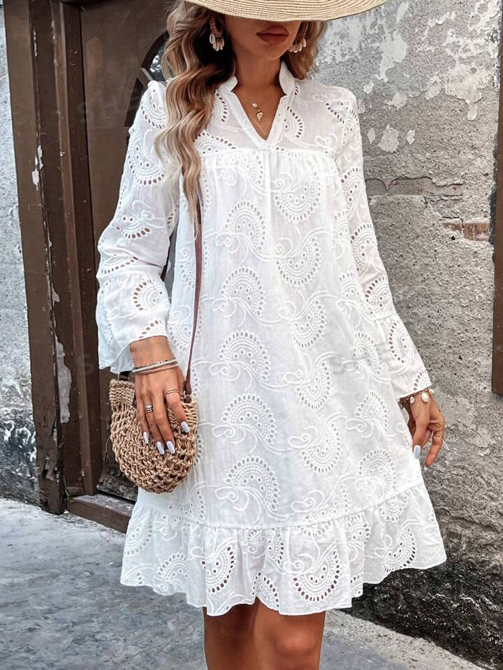 SHEIN VCAY Vrouwen Geborduurde bloemen Revers V-hals Jurken | SHEIN