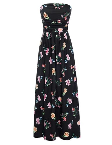 GRACE KARIN Women Strapless Dress Casual Loose Ruched Long Maxi Dress with Pockets Black Floral | Amazon (US)
