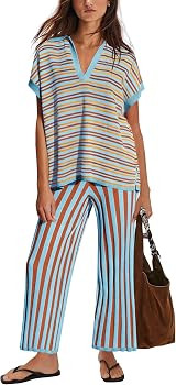 ReachMe Womens 2 Piece Lounge Sets Striped Short Sleeve Tops Wide Leg Cropped Pants Sweater Sets ... | Amazon (US)