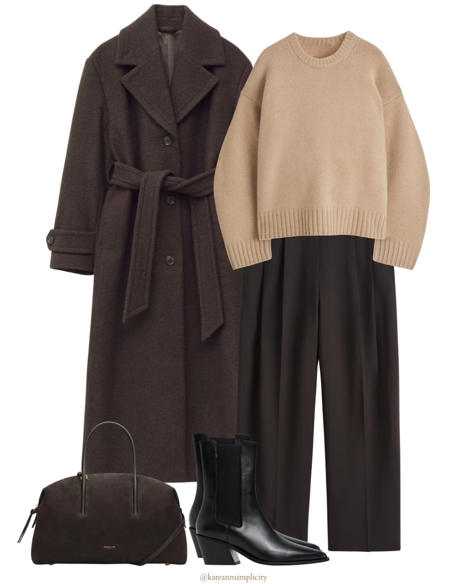 Soft neutrals meet rich chocolate tones: a belted brown wool coat layered over a relaxed beige knit, fluid dark trousers, and sleek black ankle boots. Understated, warm, and quietly luxurious.
Minimalist women’s outfit featuring a brown wool belted coat, beige oversized sweater, dark wide-leg trousers, black leather ankle boots, and a structured brown leather handbag. Elegant neutral color palette with chocolate and cream tones, perfect for autumn and winter capsule wardrobes, timeless everyday style, and modern classic fashion.

#LTKMidsize #LTKselfcare #LTKHoliday