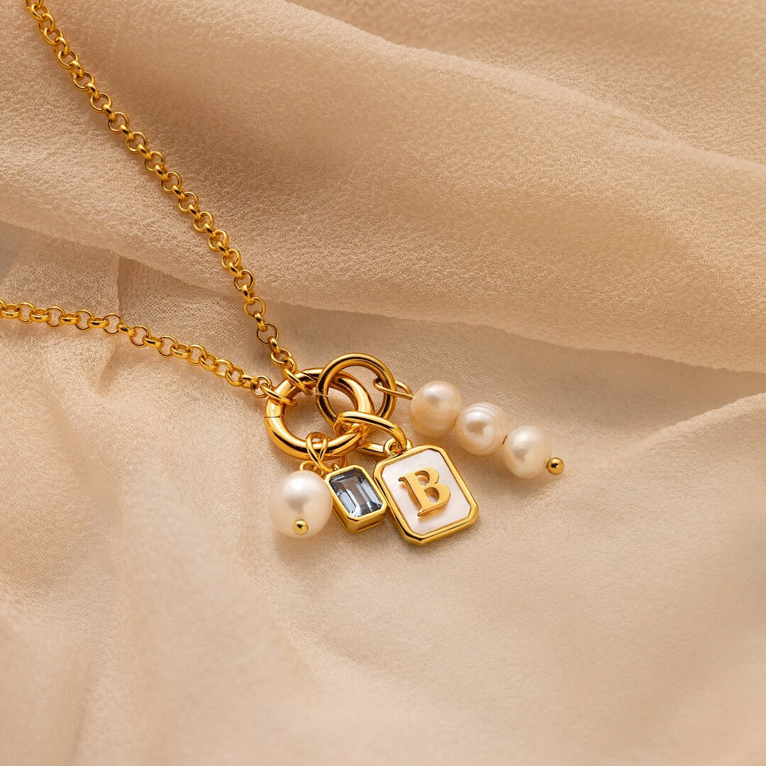 Mother of Pearl Initial Charm by Caitlyn Minimalist • Vintage-style Pearl Pendant in Gold • D... | Etsy (US)