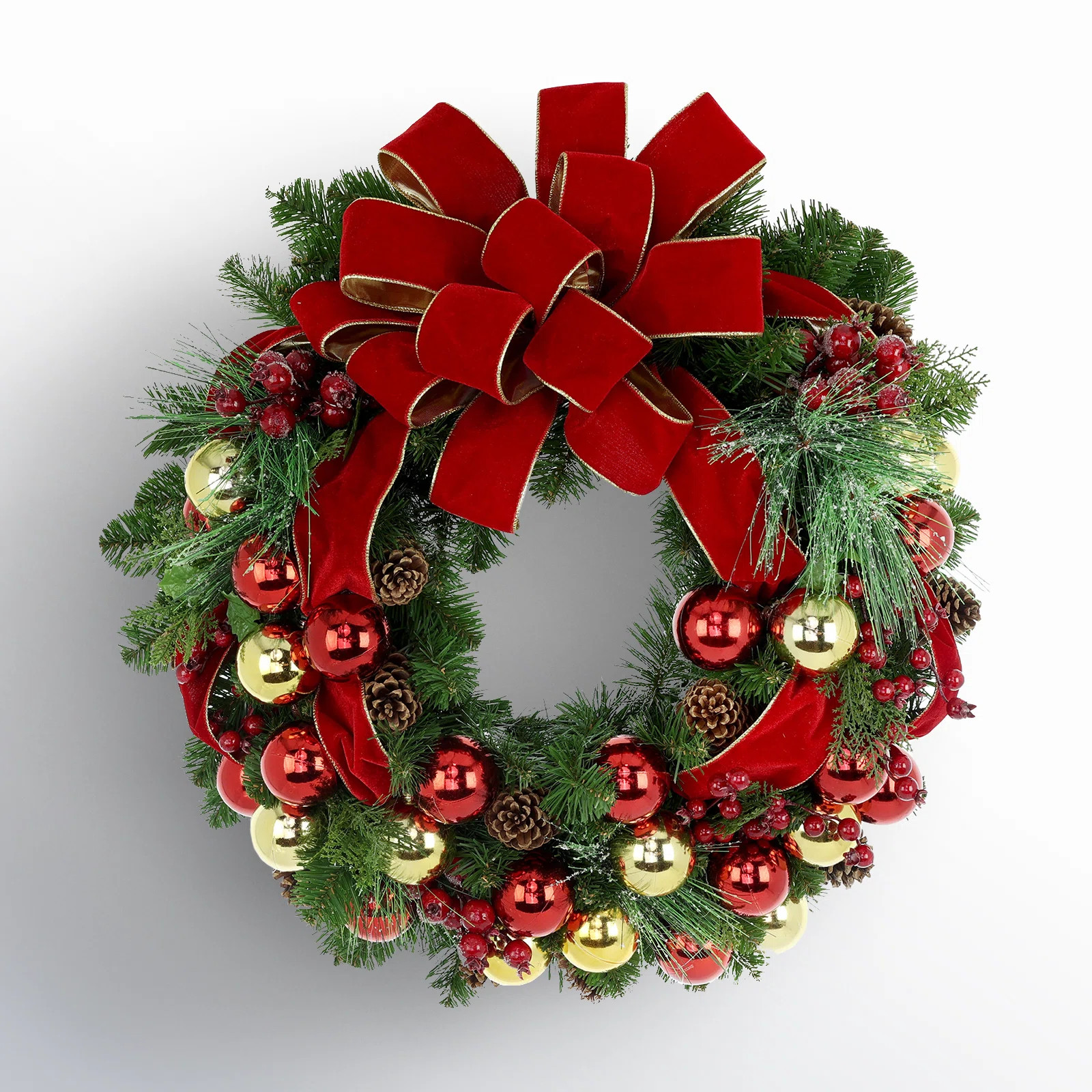Red and Gold Holiday Wreath with Ornaments and Pine Cones | Wayfair North America