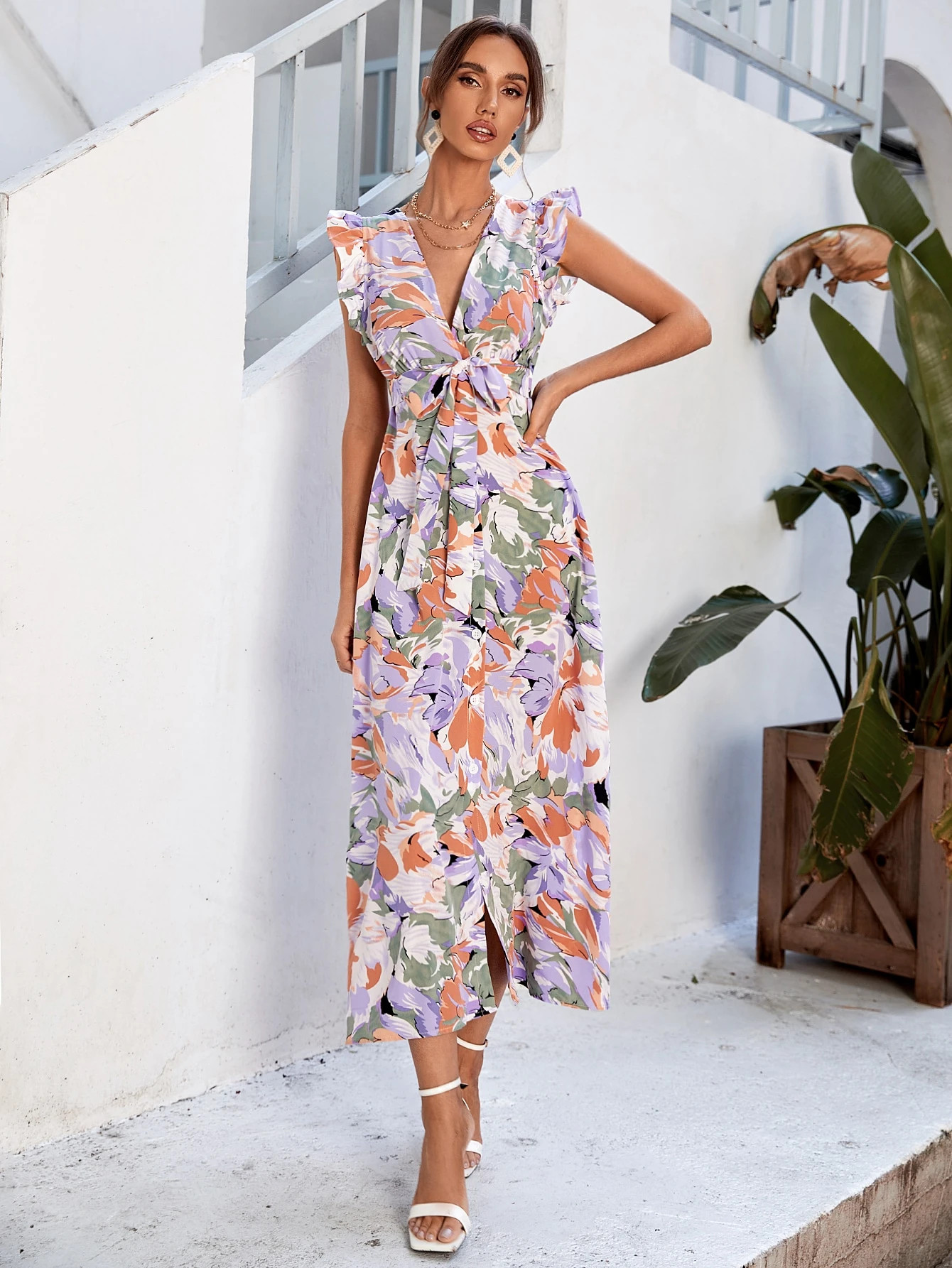 Floral Print Ruffle Armhole Open Back Belted Dress | SHEIN