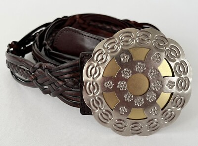 Lane Bryant Womens Brown Braided Belt Leather Silver Gold Round Buckle Sz 26/28  | eBay | eBay US